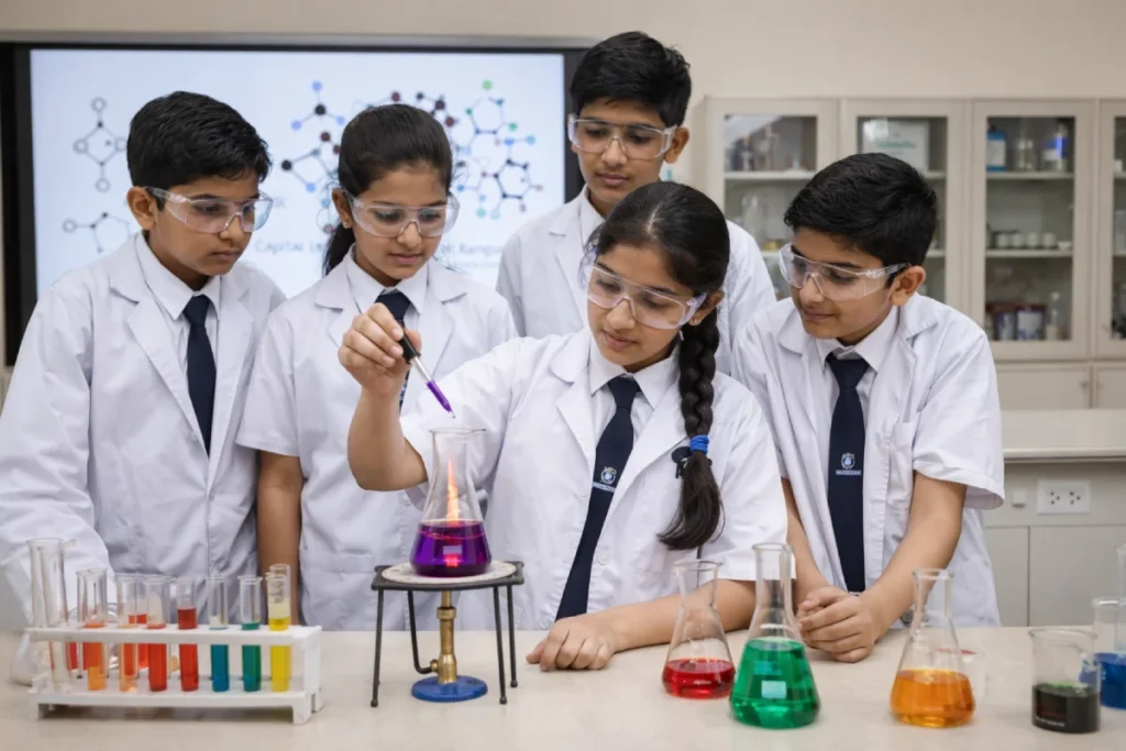 Secondary school students in a science lab at Capital International School, CBSE school in Rampura.