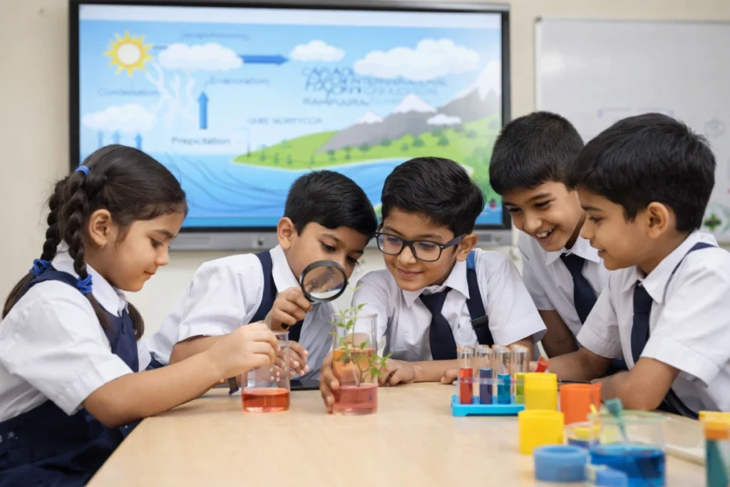 Primary school students learning with a smart board at Capital International School, North Bangalore