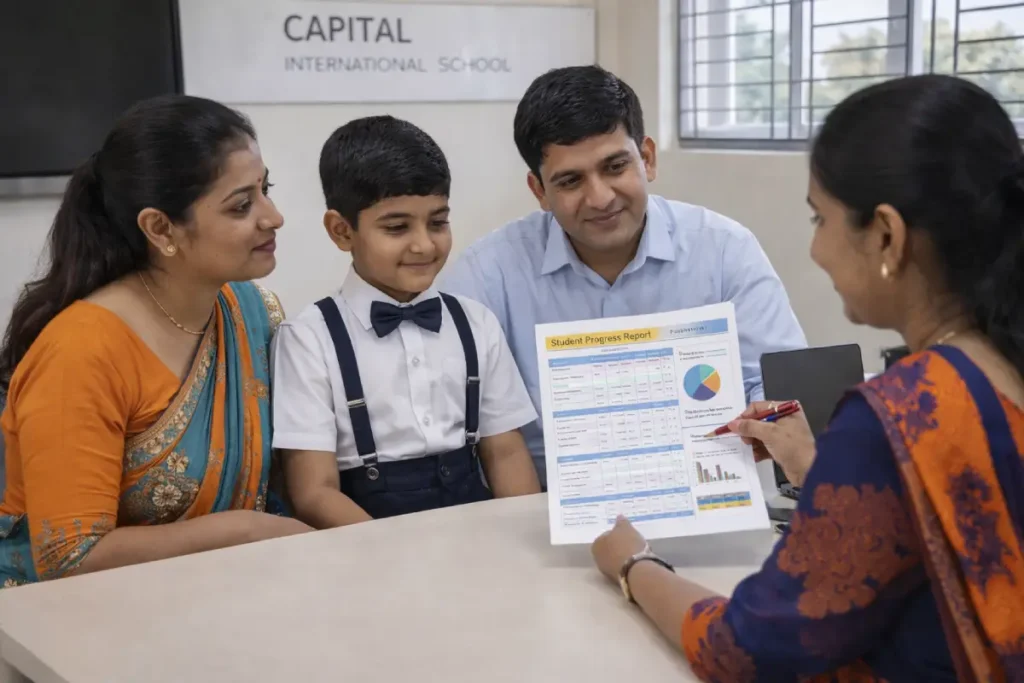 Parent-teacher assessment meeting at Capital International School, Rampura.