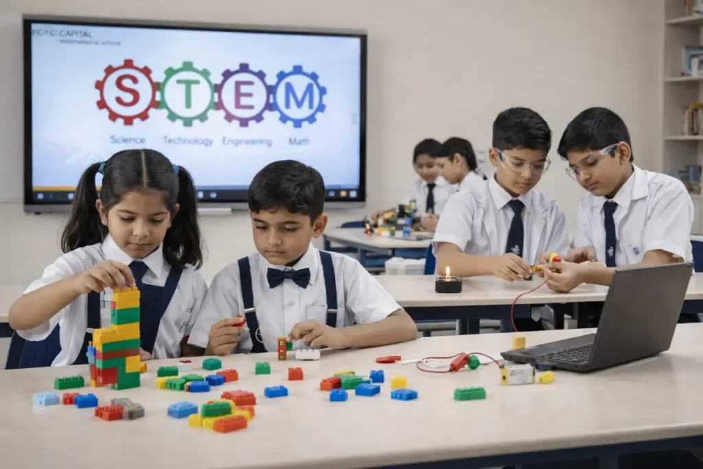 Students in STEM learning activity at Capital International School, Rampura, Bangalore.