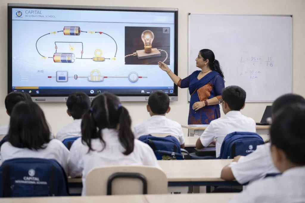 Teacher using smart board in classroom at Capital International School, North Bangalore