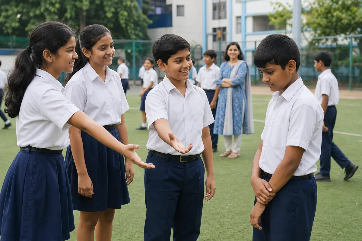 Indian school children including a classmate during play