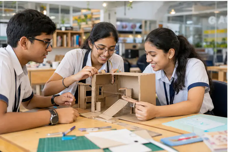 Students test a cardboard prototype in a design thinking project