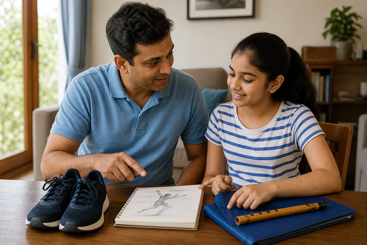 Indian family comparing after-school activities for a child