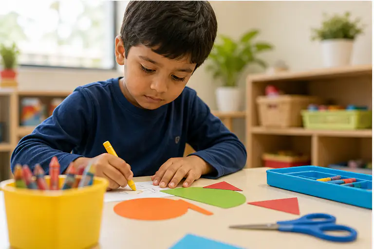 Child practises kindergarten fine-motor skills with shapes and crayons
