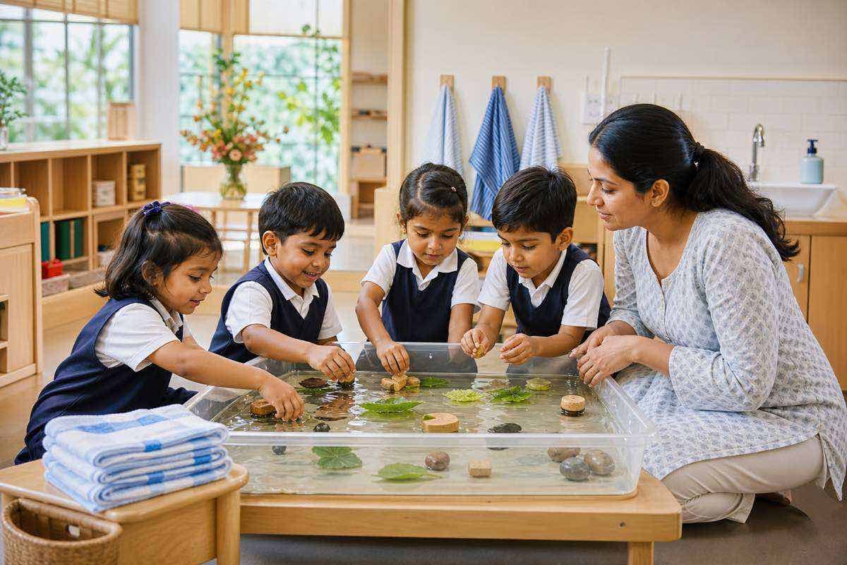 Indian kindergarten pupils exploring water and natural materials safely