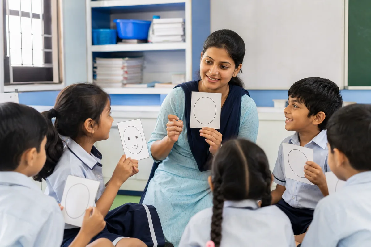 Indian school children discussing feelings in a classroom circle