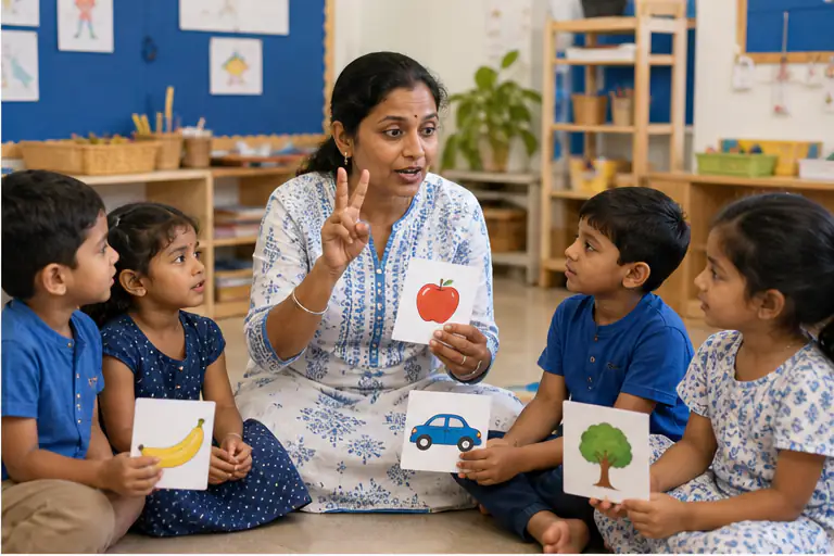 Teacher uses picture cards to support multilingual classroom talk