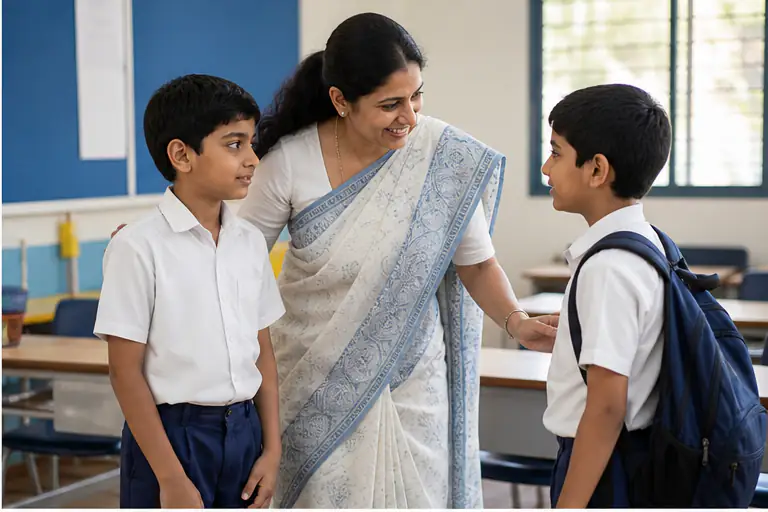 Teacher introduces a new student to a friendly classroom buddy