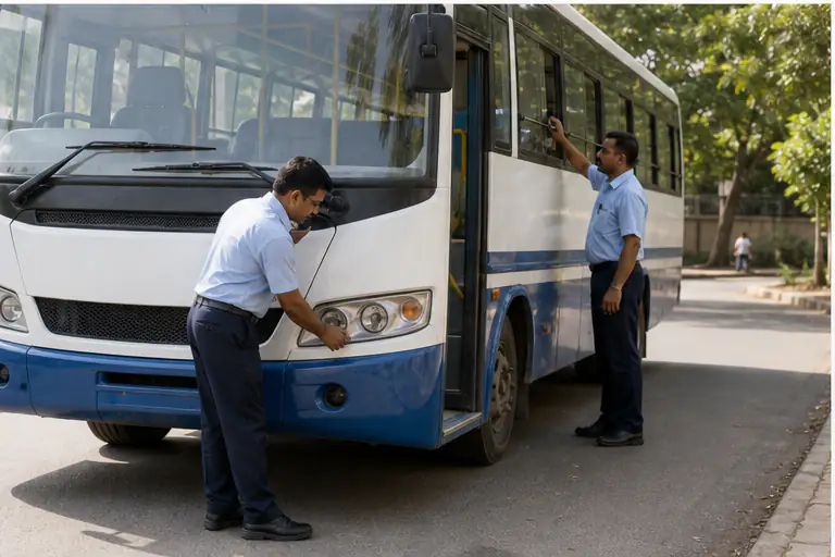 Driver and attendant complete a school bus pre-trip safety check