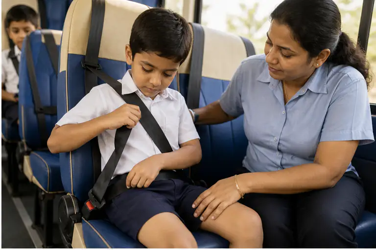 Child fastens a school bus seat belt with an attendant nearby
