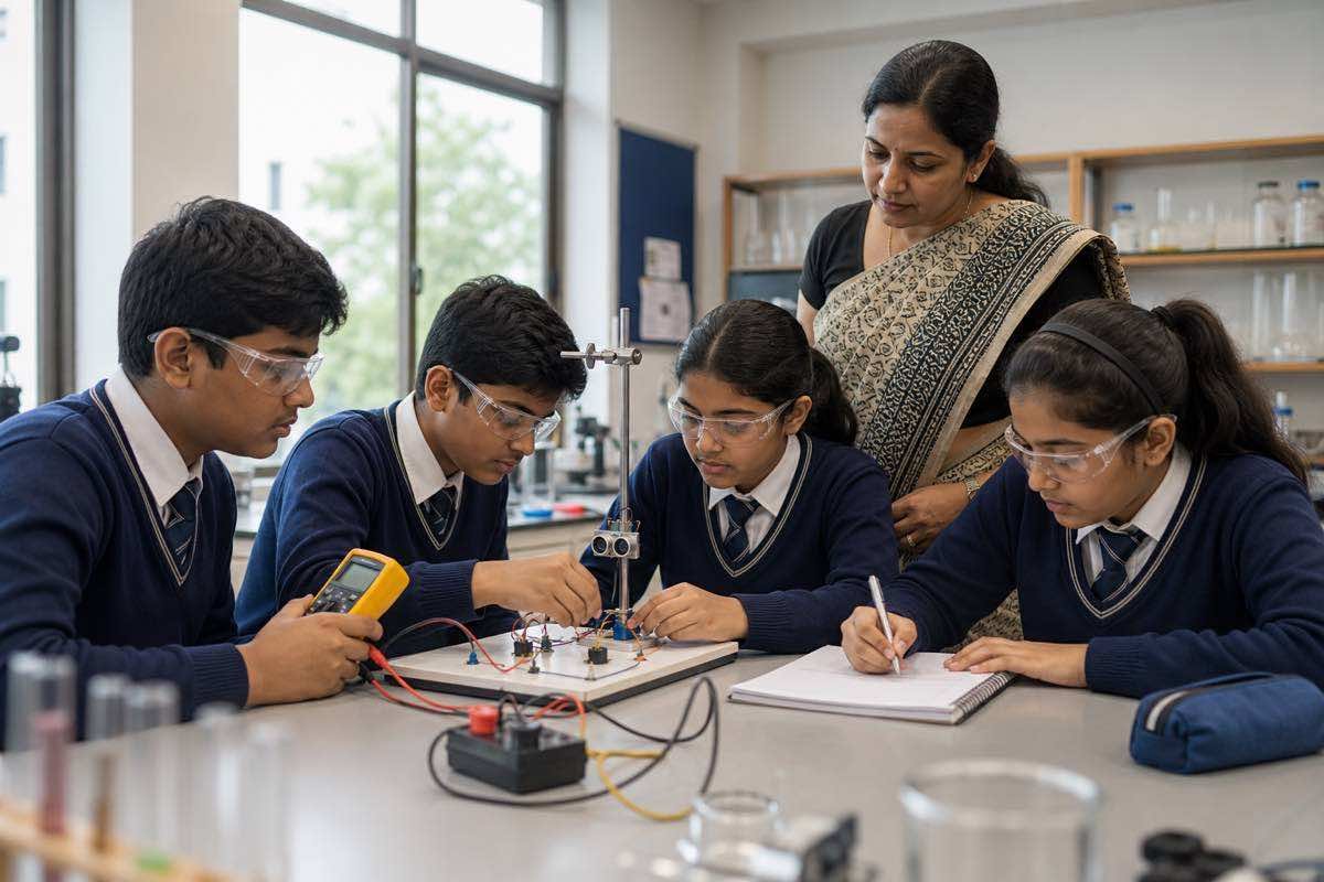 Indian Grade 8 students testing circuits during a CBSE STEM project