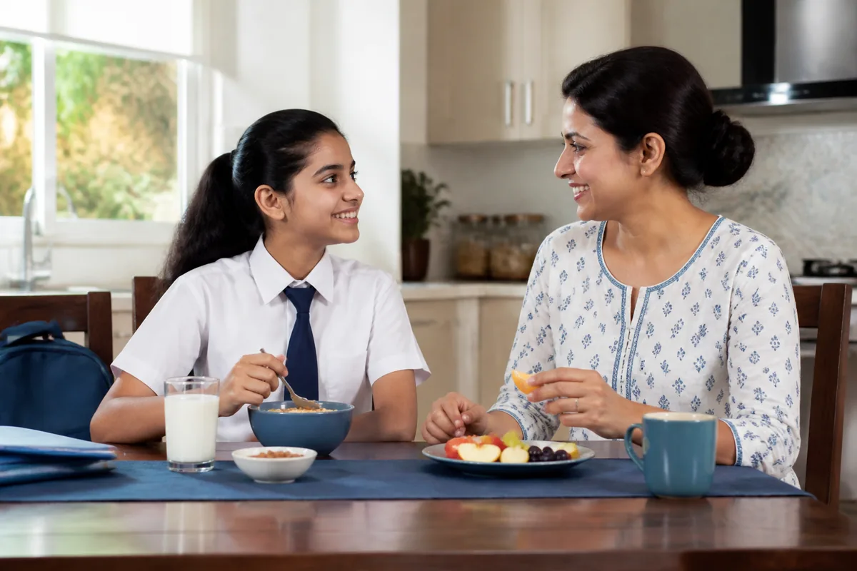 Indian school child starting a rested morning routine